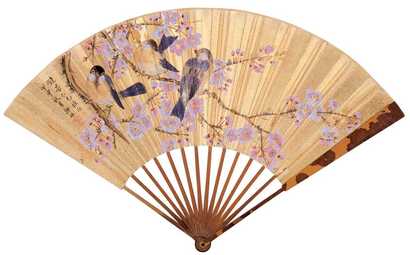 陆抑非 甲申（1944）年作 花枝栖禽 成扇